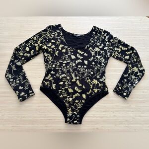 Thief & Bandit Black and Gold Floral Moth Long Sleeve Bodysuit, Size M